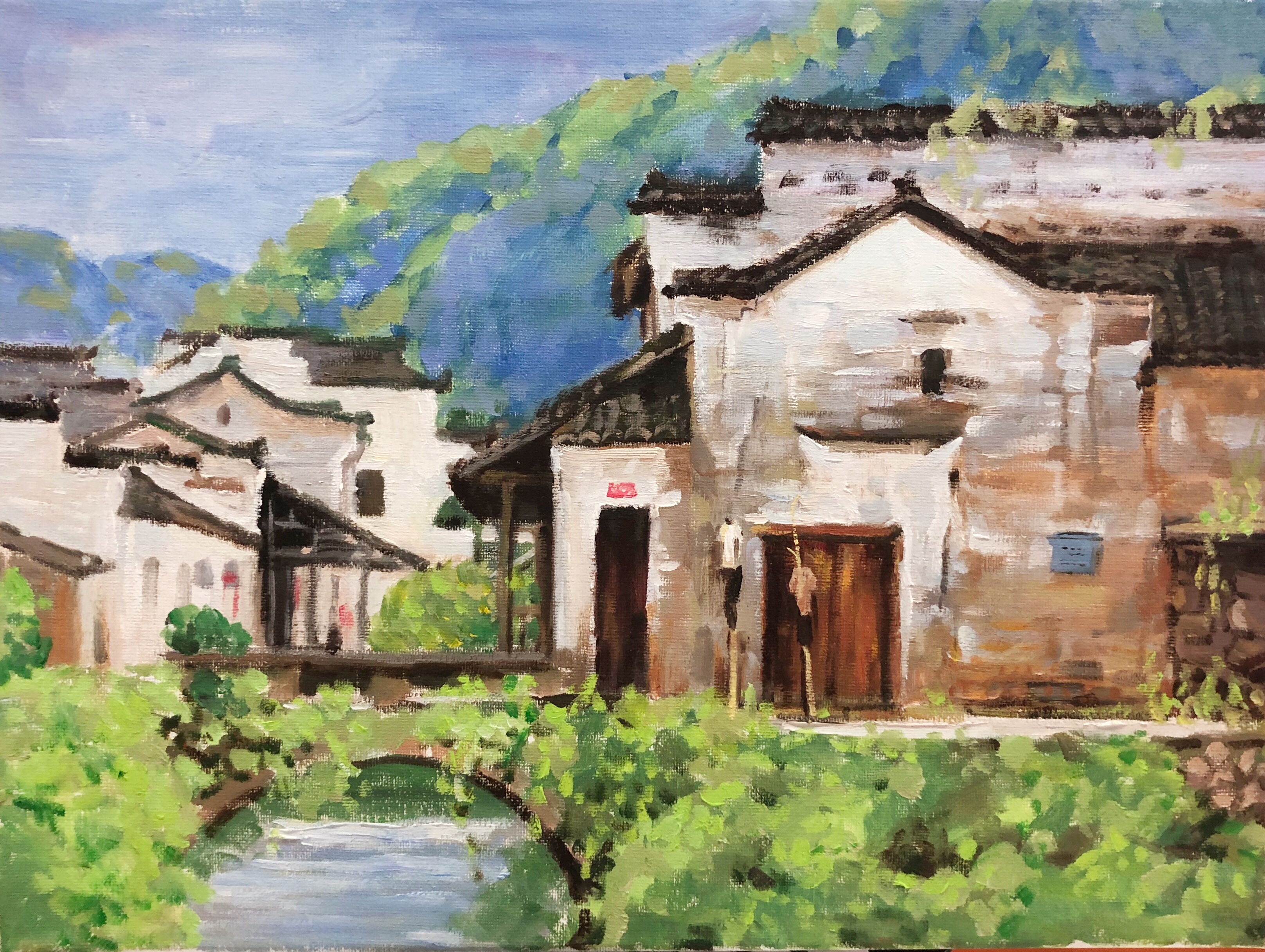 徽派建筑油画作品图片